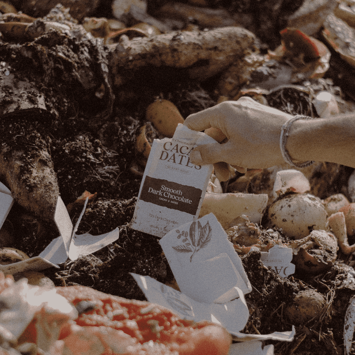 Hand holding a package of Cacao Delsi chocolate bars amidst cacao beans